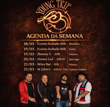 Banda Young Trip tocando rock ao vivo em bar com público animado em São Paulo