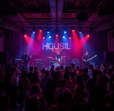 Banda de rock tocando em evento em São Paulo com estrutura profissional
