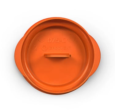 ERGOVENT AERO PRO end cap D75 orange plastic duct closure cap, top view showing ERGOVENT branding and tab grip