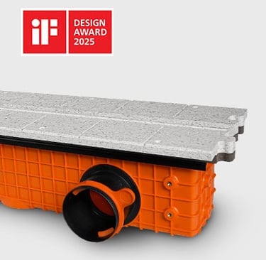 ERGOVENT LINEO PRO PUZZLE diffuser end view with iF Design Award 2025 badge showing orange plenum and gypsum face