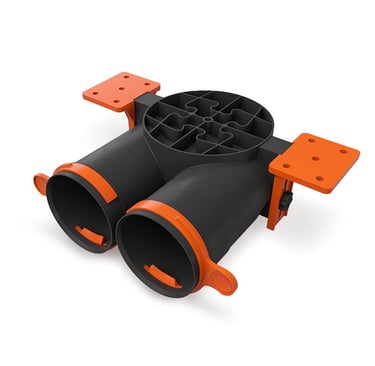 ERGOVENT AERO PRO SLIMBOX plenum distribution box with dual round duct outlets and orange mounting brackets, angled view