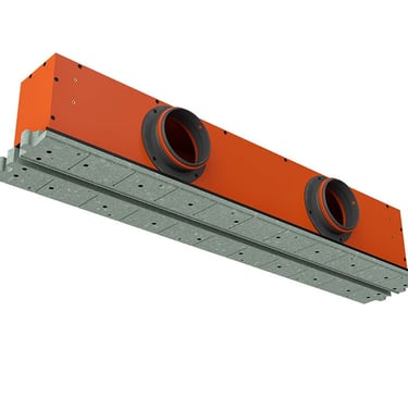 ERGOVENT LINEO PRO 125 angled view showing orange plenum body with two large round duct inlets and gray gypsum frame