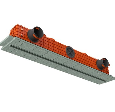 ERGOVENT LINEO PRO PROFILE 75-90 angled view showing orange plenum body with round duct inlets and gray gypsum frame