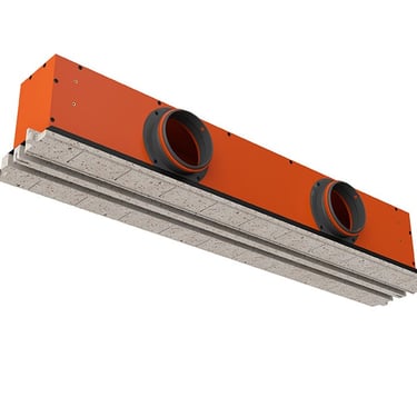 ERGOVENT LINEO PRO PUZZLE 125-2 perspective view showing orange plenum with two duct connectors and slotted gypsum face