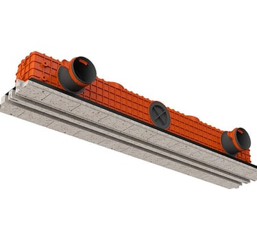 ERGOVENT LINEO PRO PUZZLE 2-slot 75-90mm angled view showing orange plenum body with round duct inlets and gray gypsum frame
