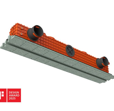 ERGOVENT LINEO PRO PUZZLE 75-90mm angled view with orange plenum, gray gypsum frame and iF Design Award 2025 badge