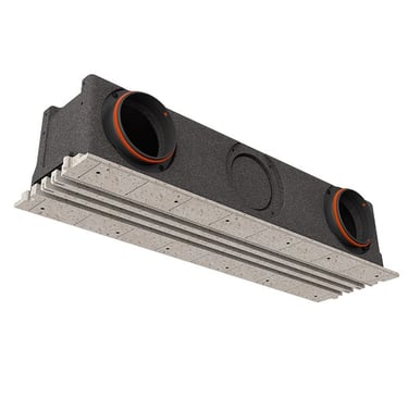 ERGOVENT LINEO PRO PUZZLE CONDI 150-160 angled view showing insulated dark plenum with round duct inlets and gypsum frame