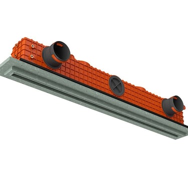 ERGOVENT LINEO PRO single-slot 75-90mm angled view showing orange plenum body with round duct inlets and gray gypsum frame