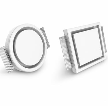 ERGOVENT RONDO and KVADRO concealed diffusers shown side by side, round and square white models with perforated side vanes