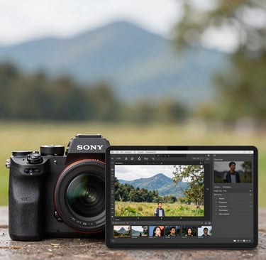 A computer screen displaying photo and video editing software with colorful timelines and images.