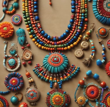 Colección de joyería bohemia hecha a mano con collares de cuentas multicolor vibrantes.