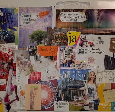 Farbenfrohes Vision Board mit Zitaten, Magazinausschnitten und Bildern zum Thema Lebensstil.