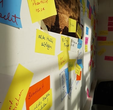 Haftnotizen mit handgeschriebenen Ideen an einer Wand für kreatives Brainstorming Design Thinking