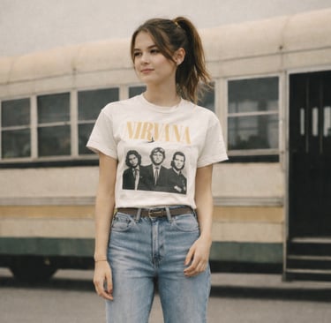 Amanda in jeans and a t - shirt with a t - shirt that says