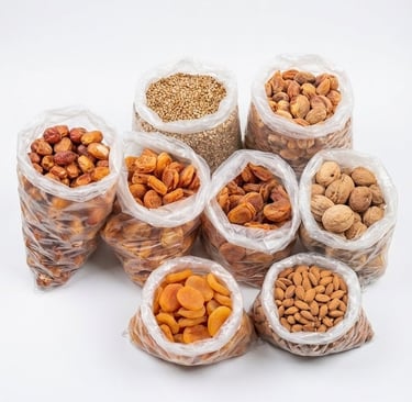 a bunch of nuts in bags on a white background