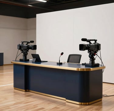A modern, sleek volleyball broadcast control desk and press booth overlooking a professional indoor volleyball arena in a South American / Brazilian facility. High-end video cameras, audio headsets, and microphone setups are neatly arranged on a dark navy blue surface with polished gold highlights. Warm neutral ambient light illuminates the polished floor and white backdrop in a contemporary minimalist sports journalism aesthetic.