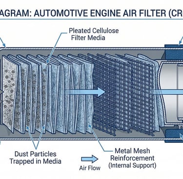 Engine air filter cross-section showing pleated media, polyurethane seal, airflow path, and dust particle filtration
