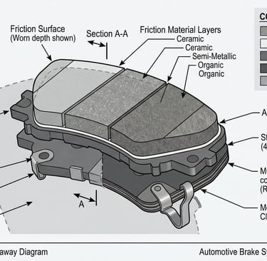 Brake pad cross-section showing friction material layers, backing plate, shim, wear indicator, and adhesive bonding