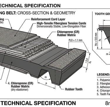 Timing belt cross-section showing teeth, tensile cords, rubber compound and fabric layers