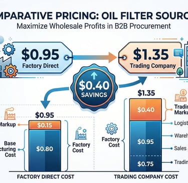 Factory direct vs trading company oil filter price comparison showing $0.40-$0.80 per unit savings