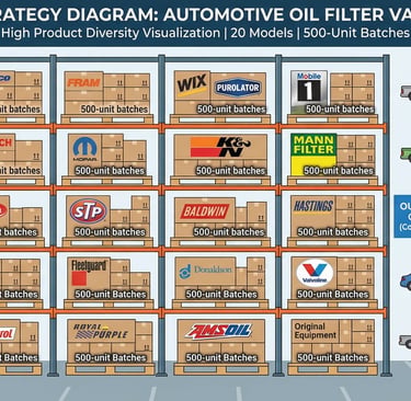 Mixed SKU strategy diagram showing 20 different oil filter models in 500-unit testing batches