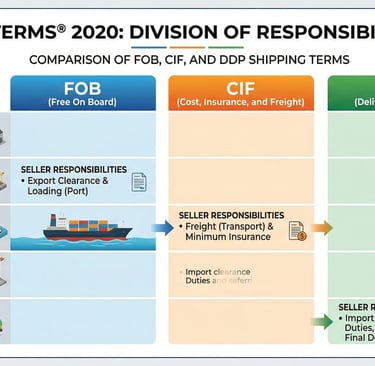 Incoterms responsibility division chart comparing FOB, CIF, and DDP shipping terms for oil filter imports