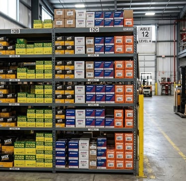 Small wholesale distributor warehouse with organized shelves showing 500-unit oil filter inventory storage