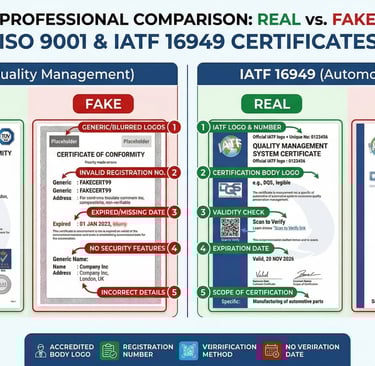 Side-by-side comparison of authentic versus counterfeit ISO 9001 and IATF 16949 certificates highlighting verification points