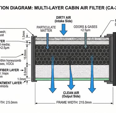 Multi-layer cabin air filter cross-section showing HEPA, activated carbon, and antimicrobial layers