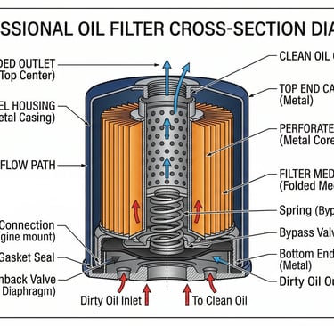 Oil filter internal structure showing filter media bypass valve anti-drainback valve steel housing technical diagram