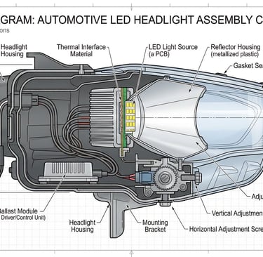 Automotive headlight assembly cross-section showing LED light source, reflector, lens, heat sink, and electronic components