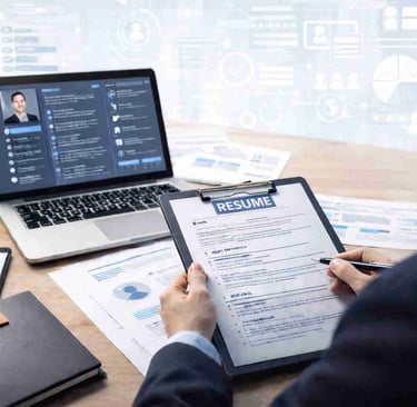 Consultor revisando resume y perfil profesional en la pantalla de la computadora portátil.