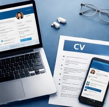 Perfil de CV digital mostrado en un portátil, un teléfono inteligente y un currículum impreso.