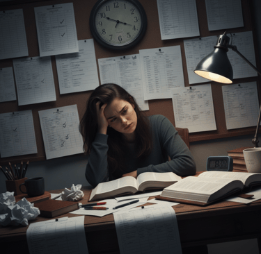 a woman sitting at a desk with a clock and a clock