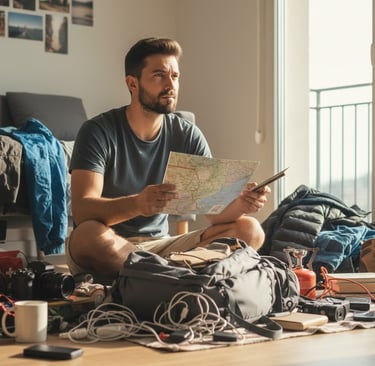 a man sitting on a couch with a map of the world