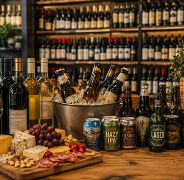 A curated selection of craft beers, wine bottles, and a charcuterie board on a rustic bar counter.