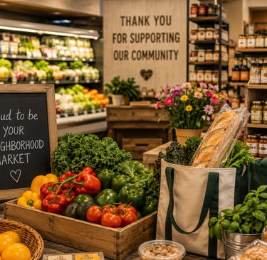 Fresh organic vegetables and groceries in a canvas bag at a local neighborhood market.