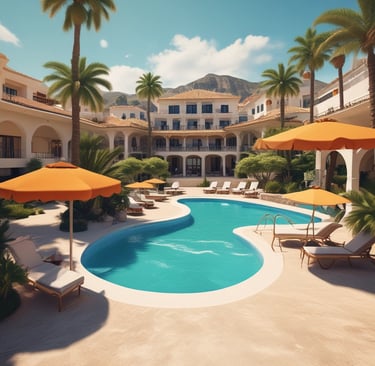 Refined resort lobby with minimalist design using navy and grey accents.