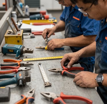 A variety of hand tools neatly arranged on a wooden surface.
