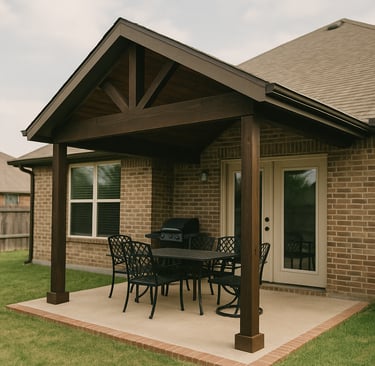 Covered patio with sturdy posts and finished concrete behind a home in Forney, Texas