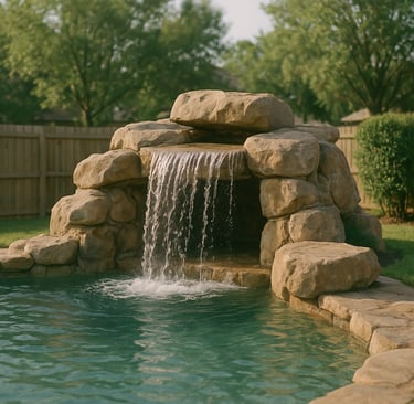 Pool grotto with waterfall, shaded seating, and a sturdy jump rock in a backyard setting