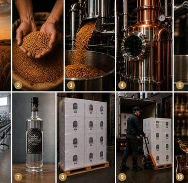 Stapsgewijs productieproces van vodka, van graanoogst tot distillatie in koperen distilleerketels en