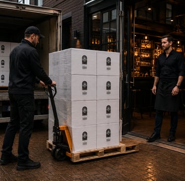 Pallets met The House Pour Vodka dozen klaar voor snelle levering aan horeca in Nederland