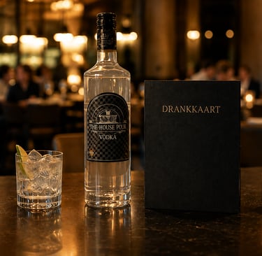 Een fles huisgemaakte wodka naast een drankkaart en een ijskoude cocktail in een schemerig verlichte