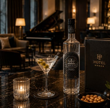 Premium vodka geserveerd in een elegante hotel lounge, met The House Pour Vodka als hoogwaardige keu