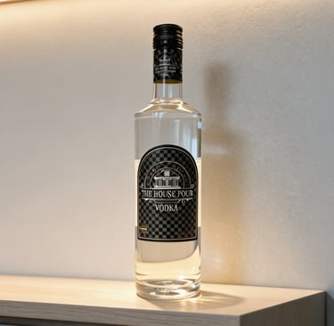 Een fles The House Pour Vodka staat op een houten plank met zachte achtergrondverlichting.