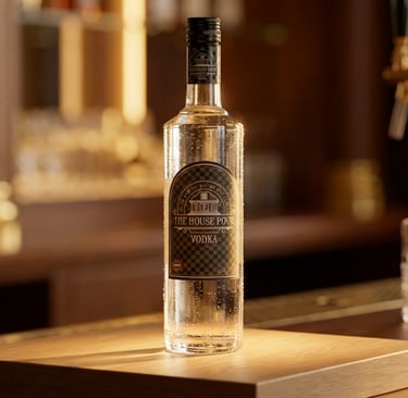 Een gekoelde fles The House Pour premium wodka op een luxe houten barblad met sfeervolle verlichting