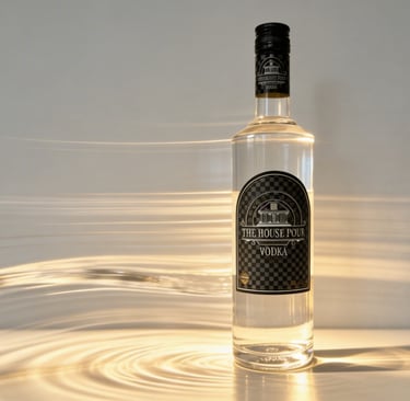 Een fles The House Pour Vodka met artistieke lichtbreking en gloeiende gouden schaduwen.
