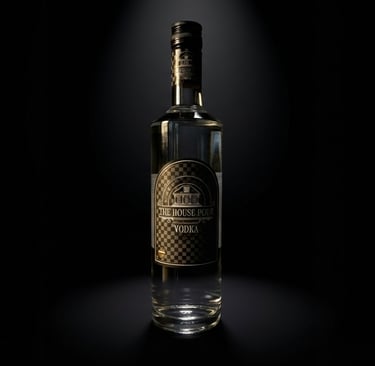 Een premium fles The House Pour Vodka in het licht van een spot op een donkere, zwarte achtergrond.
