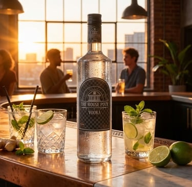 Een fles huisgemaakte wodka en limoencocktails op een bar op het dakterras bij zonsondergang, terwij